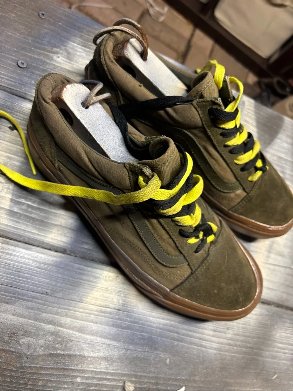 Vans Old Skool sneakers in olive green and brown, size womens 9 good condition